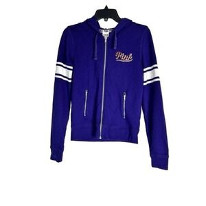 Victoria's Secret PINK Blue Full Zip Hoodie‎ Stripe Sleeve Small Petite S/P